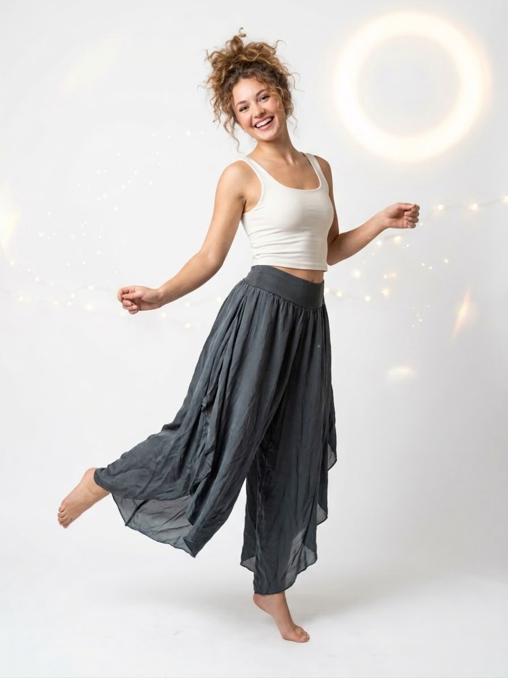Meo Meli -Made In Italy -Silk Blend -Wide Leg Flowy Pants Gray - Large